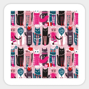 Feline Christmas vibes // pattern // pink background green fuchsia pink white and black kittens Sticker